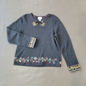 Hand Embroidered Floral Trim Grey Sweater, Christopher & Banks, Women’s Medium